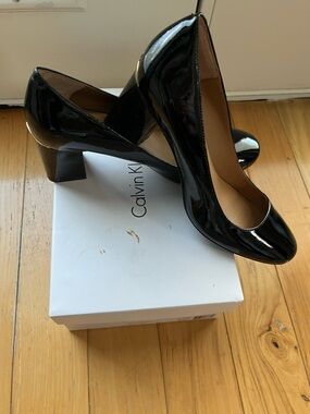Calvin Klein Black Patent Mid-Block Heel Pumps